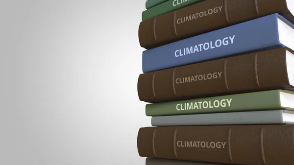 CLIMATOLOGIA título sobre a pilha de livros, conceitual 3D renderização — Fotografia de Stock
