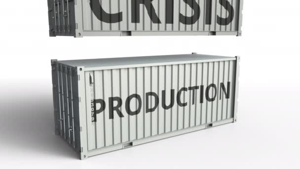 Контейнер с текстом PRODUCTION, разбитым грузовым контейнером с надписью CRISIS. Концептуальная 3D анимация — стоковое видео