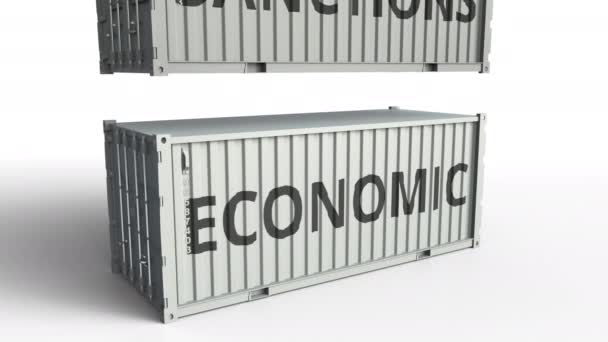 Container met economische tekst wordt afgebroken door cargo container met opschrift van de sancties. Conceptuele 3d animatie — Stockvideo