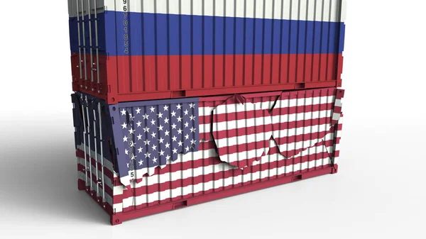 带有俄罗斯国旗的集装箱用美国国旗打破货物集装箱。贸易战或与经济冲突有关的概念3d 渲染 — 图库照片