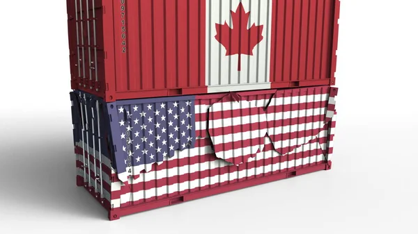 Contenedor con bandera de Canadá rompe contenedor de carga con bandera de los Estados Unidos. Guerra comercial o conflicto económico relacionado con la representación conceptual 3D — Foto de Stock