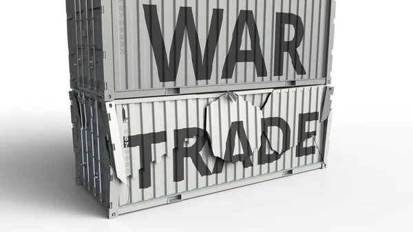 Contenitore con testo TRADE rotto da container cargo con iscrizione WAR. Rendering 3D concettuale — Foto Stock