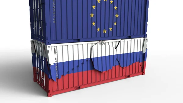 유럽 연합 Eu의 국기와 컨테이너 화물 컨테이너 러시아의 국기와 함께 휴식. 무역 전쟁 또는 경제 충돌 관련된 개념적 3d 렌더링 — 스톡 사진