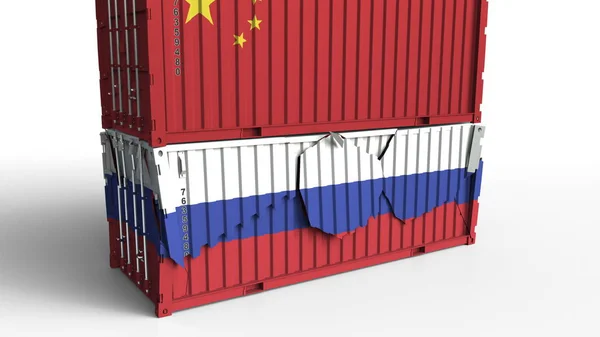 Контейнер з прапор Китаю перерви вантажний контейнер з прапор Росії. Торгова війна або економічні конфлікти пов'язані концептуальні 3d-рендерінг — стокове фото