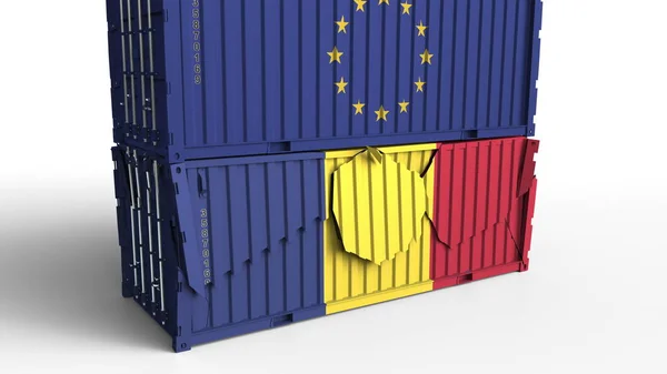유럽 연합 Eu의 국기와 컨테이너 화물 컨테이너 루마니아의 국기와 함께 휴식. 무역 전쟁 또는 경제 충돌 관련된 개념적 3d 렌더링 — 스톡 사진