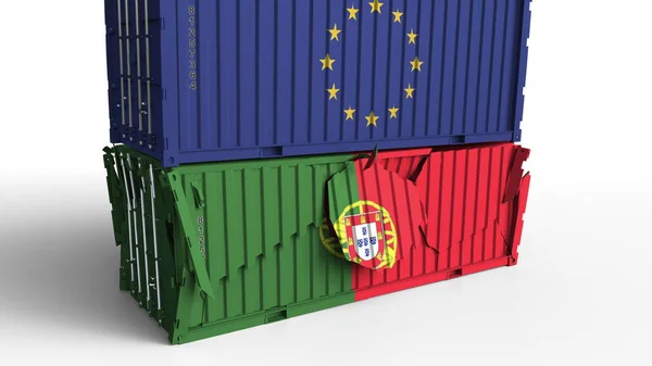 유럽 연합 Eu의 국기와 컨테이너 화물 컨테이너 포르투갈의 국기와 함께 휴식. 무역 전쟁 또는 경제 충돌 관련된 개념적 3d 렌더링 — 스톡 사진