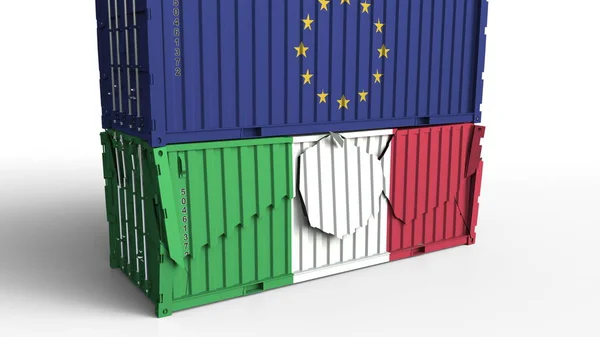유럽 연합 Eu의 국기와 컨테이너 화물 컨테이너 이탈리아의 국기와 함께 휴식. 무역 전쟁 또는 경제 충돌 관련된 개념적 3d 렌더링 — 스톡 사진