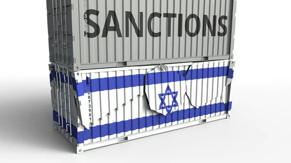 Behållare med sanktioner text bryter last container med flagga av Israel. Embargo- eller politiska export- eller importförbud relaterade konceptuell 3d-rendering — Stockfoto