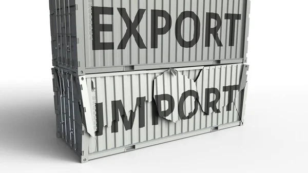 Container with IMPORT text being broken by cargo container with EXPORT inscription. Conceptual 3D rendering — Stock Photo, Image