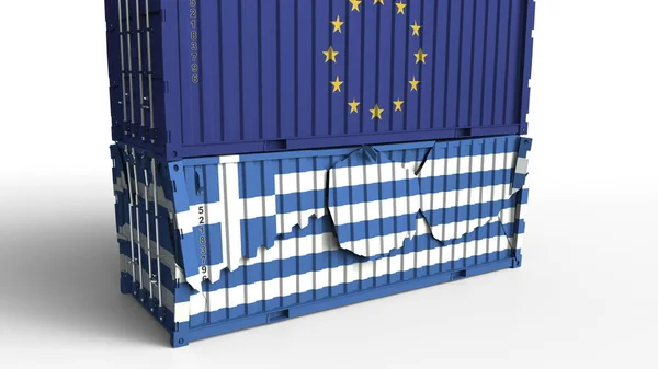 유럽 연합 Eu의 국기와 컨테이너 화물 컨테이너 그리스의 국기와 함께 휴식. 무역 전쟁 또는 경제 충돌 관련된 개념적 3d 렌더링 — 스톡 사진