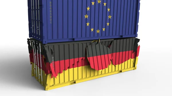 유럽 연합 Eu의 국기와 컨테이너 화물 컨테이너 독일의 국기를 나누기. 무역 전쟁 또는 경제 충돌 관련된 개념적 3d 렌더링 — 스톡 사진