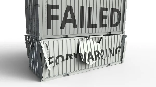 Container with FORWARDING text being broken by cargo container with FAILED inscription. Conceptual 3D rendering — Stock Photo, Image