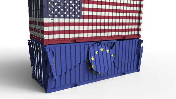미국 국기와 함께 컨테이너 화물 컨테이너는 Eu의 국기와 함께 휴식. 무역 전쟁 또는 경제 충돌 관련된 개념적 3d 렌더링 — 스톡 사진