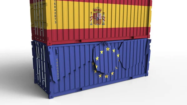 스페인의 국기와 컨테이너 화물 컨테이너 유럽 연합 Eu의 국기와 함께 휴식. 무역 전쟁 또는 경제 충돌 관련된 개념적 3d 렌더링 — 스톡 사진