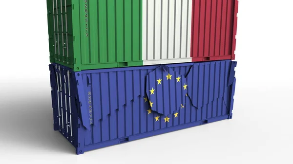 이탈리아의 국기와 컨테이너 화물 컨테이너 유럽 연합 Eu의 국기와 함께 휴식. 무역 전쟁 또는 경제 충돌 관련된 개념적 3d 렌더링 — 스톡 사진