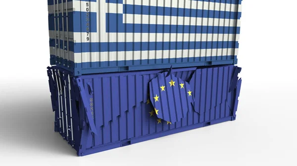그리스의 국기와 컨테이너 화물 컨테이너 유럽 연합 Eu의 국기와 함께 휴식. 무역 전쟁 또는 경제 충돌 관련된 개념적 3d 렌더링 — 스톡 사진