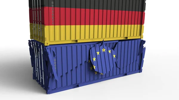 Recipiente com bandeira da Alemanha quebra contêiner de carga com bandeira da União Europeia UE. Guerra comercial ou conflito econômico relacionado renderização 3D conceitual — Fotografia de Stock