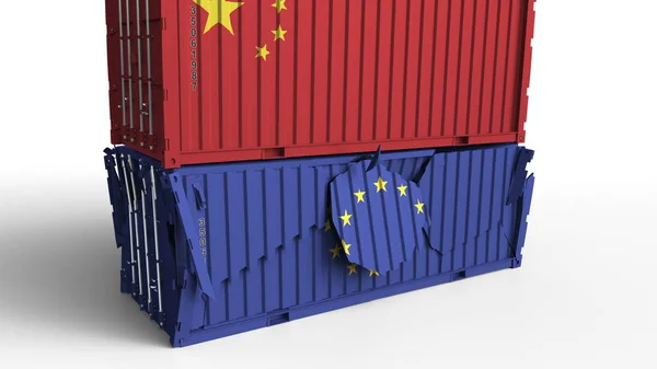 Contenedor con bandera de China rompe contenedor de carga con bandera de la Unión Europea UE. Guerra comercial o conflicto económico relacionado con la representación conceptual 3D — Foto de Stock