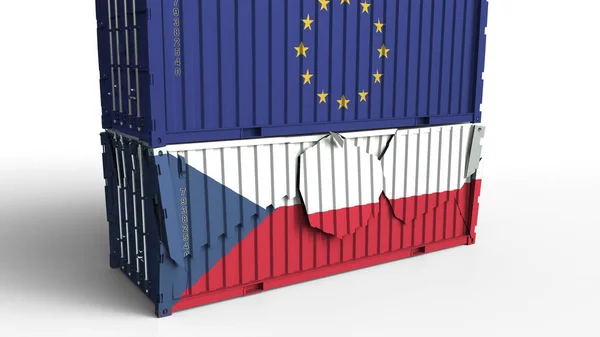 유럽 연합의 국기와 컨테이너 화물 컨테이너는 체코 공화국의 국기와 함께 휴식. 무역 전쟁 또는 경제 충돌 관련된 개념적 3d 렌더링 — 스톡 사진