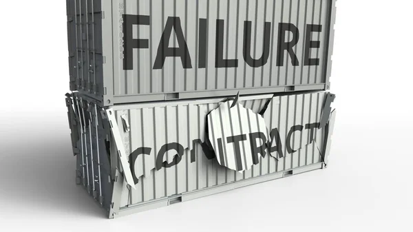 Контейнер з текстом CONTRACT розбивається вантажним контейнером з написом FAILURE. Концептуальне 3D рендерингу — стокове фото