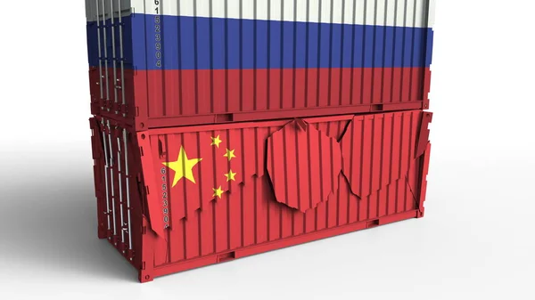 Contenedor con bandera de Rusia rompe contenedor de carga con bandera de China. Guerra comercial o conflicto económico relacionado con la representación conceptual 3D — Foto de Stock
