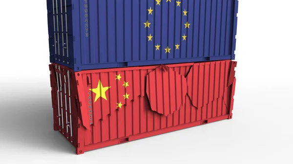 중국의 국기와 유럽 연합 나누기 화물 컨테이너의 깃발을 가진 콘테이너. 무역 전쟁 또는 경제 충돌 관련된 개념적 3d 렌더링 — 스톡 사진