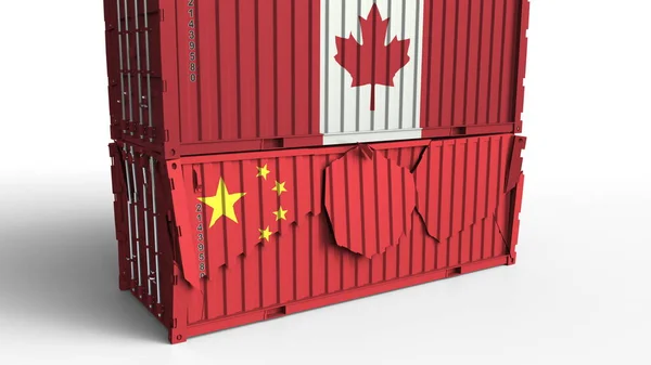 Контейнер з Прапор Канади перерви вантажний контейнер з прапорі КНР. Торгова війна або економічні конфлікти пов'язані концептуальні 3d-рендерінг — стокове фото