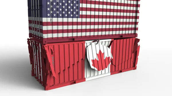 O container com a bandeira dos EUA quebra o container de carga com a bandeira do Canadá. Guerra comercial ou conflito econômico relacionado renderização 3D conceitual — Fotografia de Stock