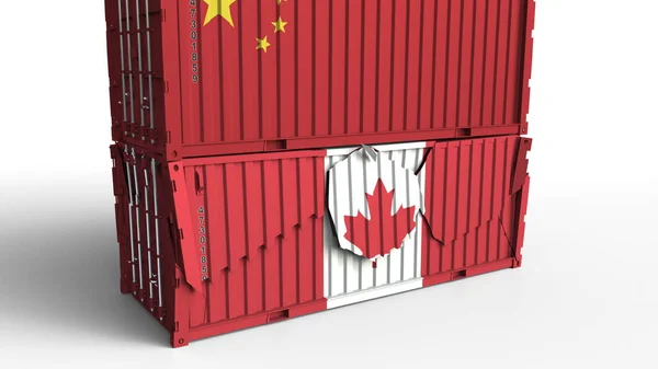 Recipiente com bandeira da China quebra contêiner de carga com bandeira do Canadá. Guerra comercial ou conflito econômico relacionado renderização 3D conceitual — Fotografia de Stock