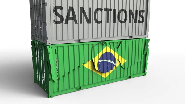 Контейнер з текстом санкції перерви вантажний контейнер з прапор Бразилії. Ембарго або політичні експорту або імпорту заборони пов'язані концептуальні 3d-рендерінг — стокове фото