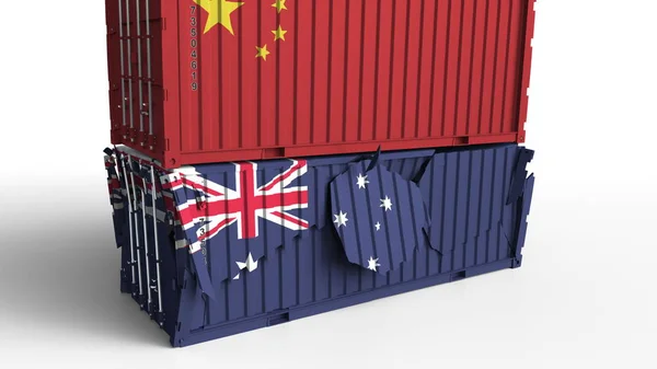 Contenedor con bandera de China rompe contenedor de carga con bandera de Australia. Guerra comercial o conflicto económico relacionado con la representación conceptual 3D — Foto de Stock