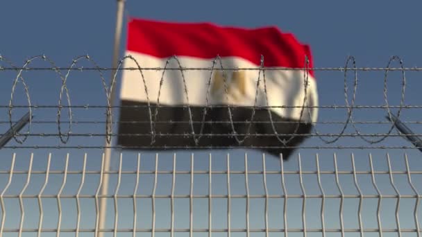 Wazig wapperende vlag van Egypte achter prikkeldraad hek. Loopbare 3d animatie — Stockvideo