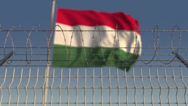 Defocused waving flag of Hungary behind barbed wire fence. Loopable 3D animation — Stock Video
