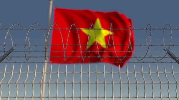 Bandeira acenando desfocada do Vietnã atrás da cerca de arame farpado. Loopable animação 3D — Vídeo de Stock