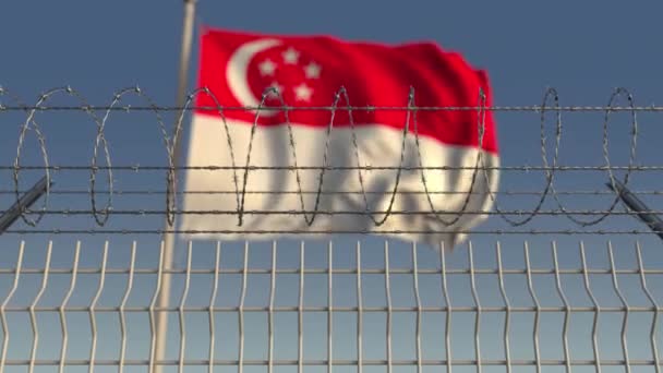 Prikkeldraad tegen zwaaien vlag van Singapore. Loopbare 3d animatie — Stockvideo