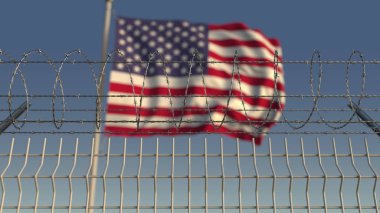 Defocused waving flag of the United States behind barbed wire fence. 3D rendering clipart