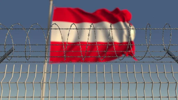 Defocused waving flag of Austria behind barbed wire fence. 3D rendering — Stock Photo, Image