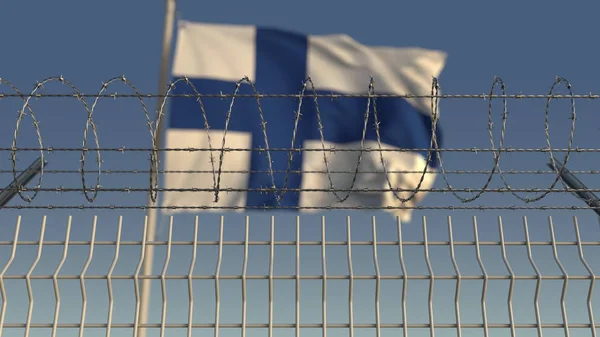 Barbed wire against waving flag of Finland. 3D rendering — Stock Photo, Image