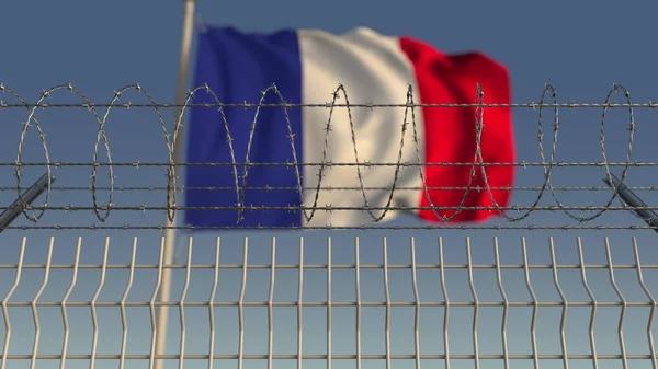 フランスの国旗を振ってに対して有刺鉄線。3 d レンダリング — ストック写真