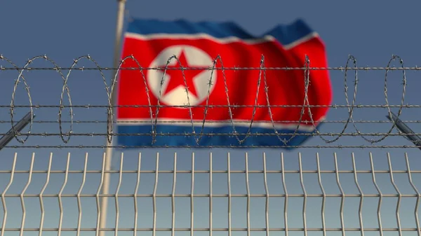 Arame farpado contra a bandeira ondulada da Coreia do Norte. Renderização 3D — Fotografia de Stock