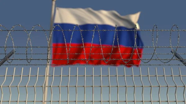 Blurred waving flag of Russia behind barbed wire fence. 3D rendering — Stock Photo, Image