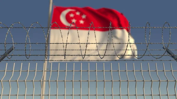 Колючий дріт проти розмахуючи прапором Сінгапуру. 3D-рендерінг — стокове фото