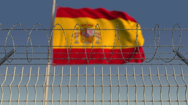 Arame farpado contra a bandeira acenando de Espanha. Renderização 3D — Fotografia de Stock