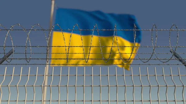 Bandeira acenando borrada da Ucrânia atrás da cerca de arame farpado. Renderização 3D — Fotografia de Stock