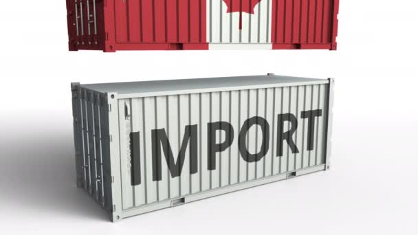 El contenedor de carga con bandera de Canadá rompe el contenedor con texto IMPORTAR. Animación 3D conceptual — Vídeo de stock