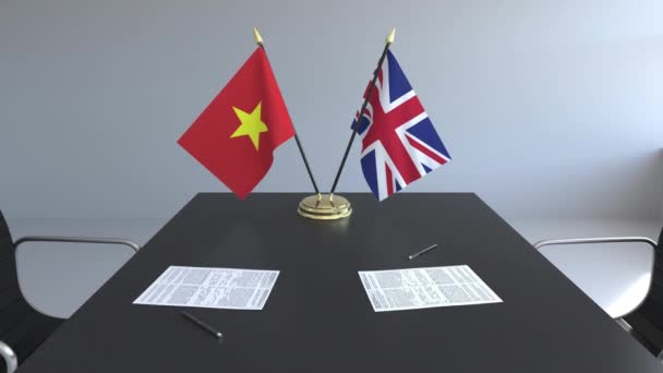 Flags Papers Table Negotiations Signing Contract Conceptual — Stock Video