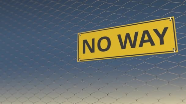 Sarı No Way işareti bir mavi gökyüzü, 3d animasyon karşı bir tel çit — Stok video