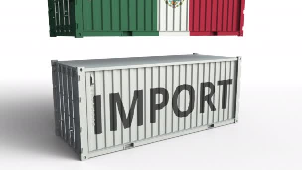 Container met de vlag van Mexico breken container met tekst importeren. Conceptuele 3d animatie — Stockvideo