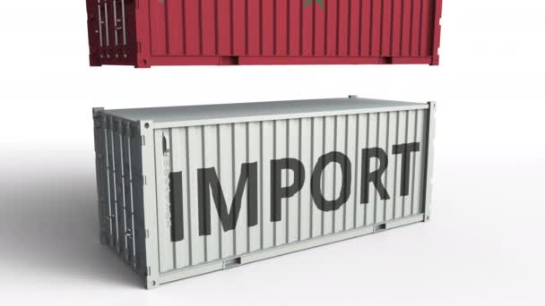 Container with IMPORT text being crashed with container with flag of Morocco, conceptual 3D animation — Stock Video