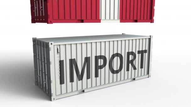 Container met tekst importeren met container met vlag van Peru, conceptuele 3d animatie wordt verpletterd — Stockvideo